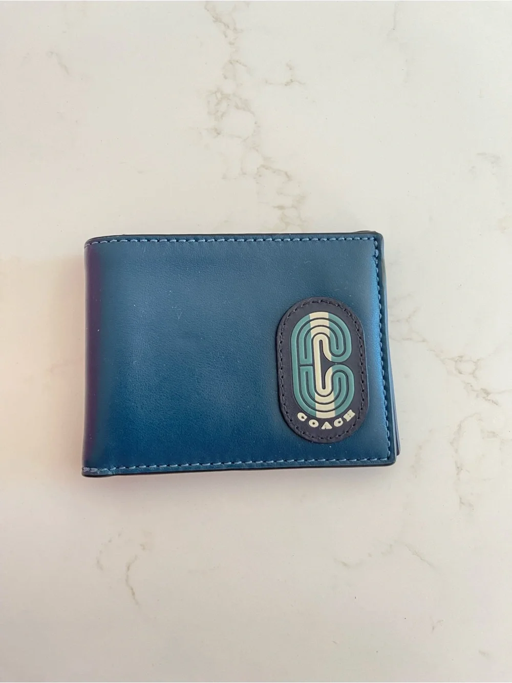 Coach Men's Teal Leather Bifold Wallet with Logo Patch